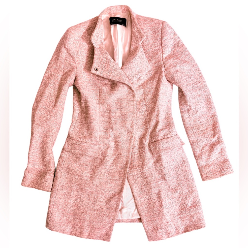 ZARA Collection Women Size S Pink Tweed Long Blazer Double Breasted Mid Thigh